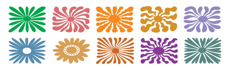 retro groovy flower daisy naive icon doodle hand drawn set abstract wavy ray logo trendy 70s