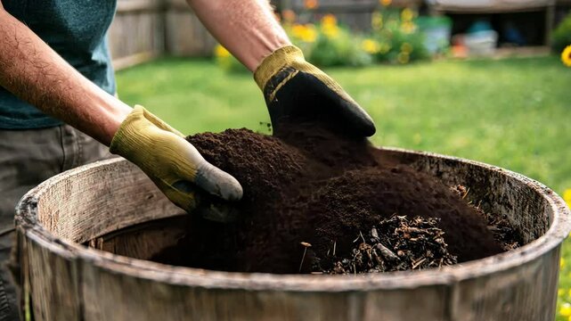 Hands sort compost with apples and flowers in a garden setting, 4k video