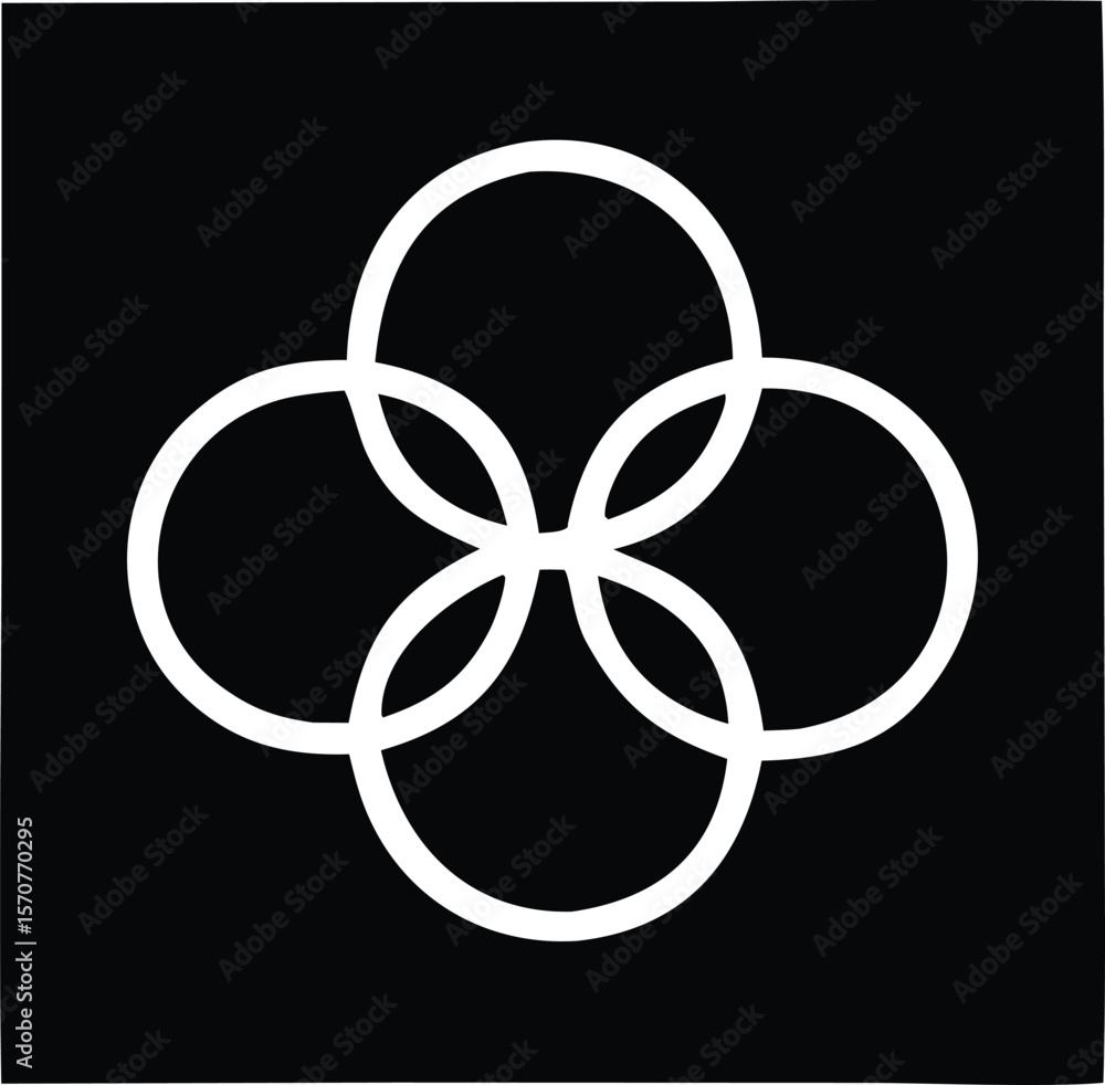 Poster interlocking white circles forming a symmetrical quatrefoil pattern against a stark black background