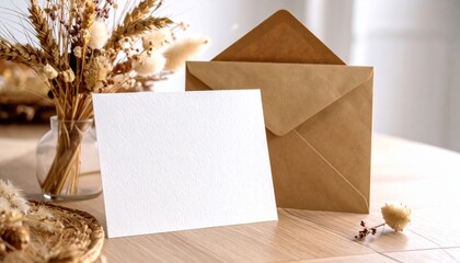 Greeting Card on Wooden Table with Dried Flowers 