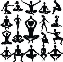 A diverse collection of black silhouettes depicting various yoga poses and meditative stances on a white background