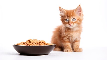 ginger striped fluffy happy cat near bowl with dry food. kitten looking at camera on white background with copy space. mock up.