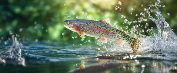 The stunning trout leaps from the water in a breathtaking natural scene.