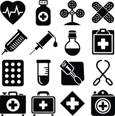 A collection of black medical icons representing healthcare emergency services and scientific research including a heart monitor and first aid kits