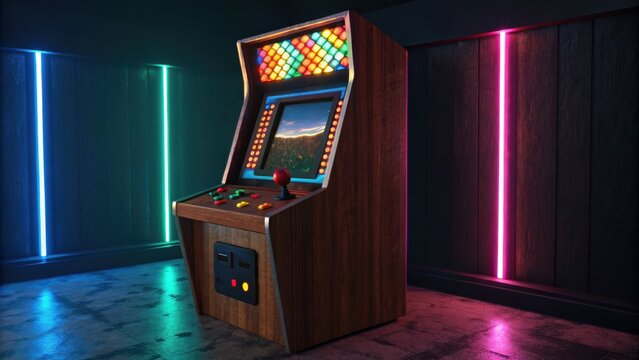 Retro arcade machine with colorful neon lights in vintage gaming room - Powered by Adobe