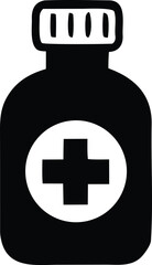 Simple black and white icon of a medicine bottle with a red cross symbol indicating health and medical care