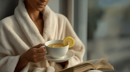 A person reading a wellness book by a window with ginger tea