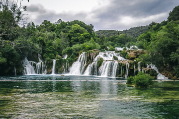 Skradinski Buk Waterfalls under Cloudy Sky in Krka National Park, Croatia

