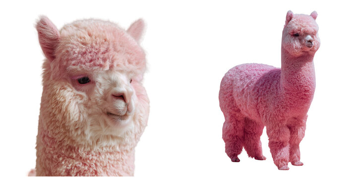 Two pink alpacas are featured against a black background in a side by side composition