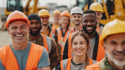 The diverse construction team smiling confidently at the worksite.