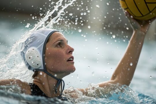 Female water polo player in action during intense aquatic match