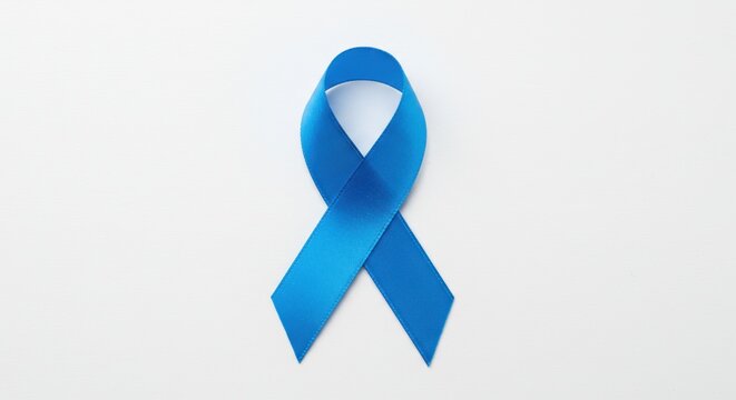Blue awareness ribbon on white background: symbol of support and cause awareness