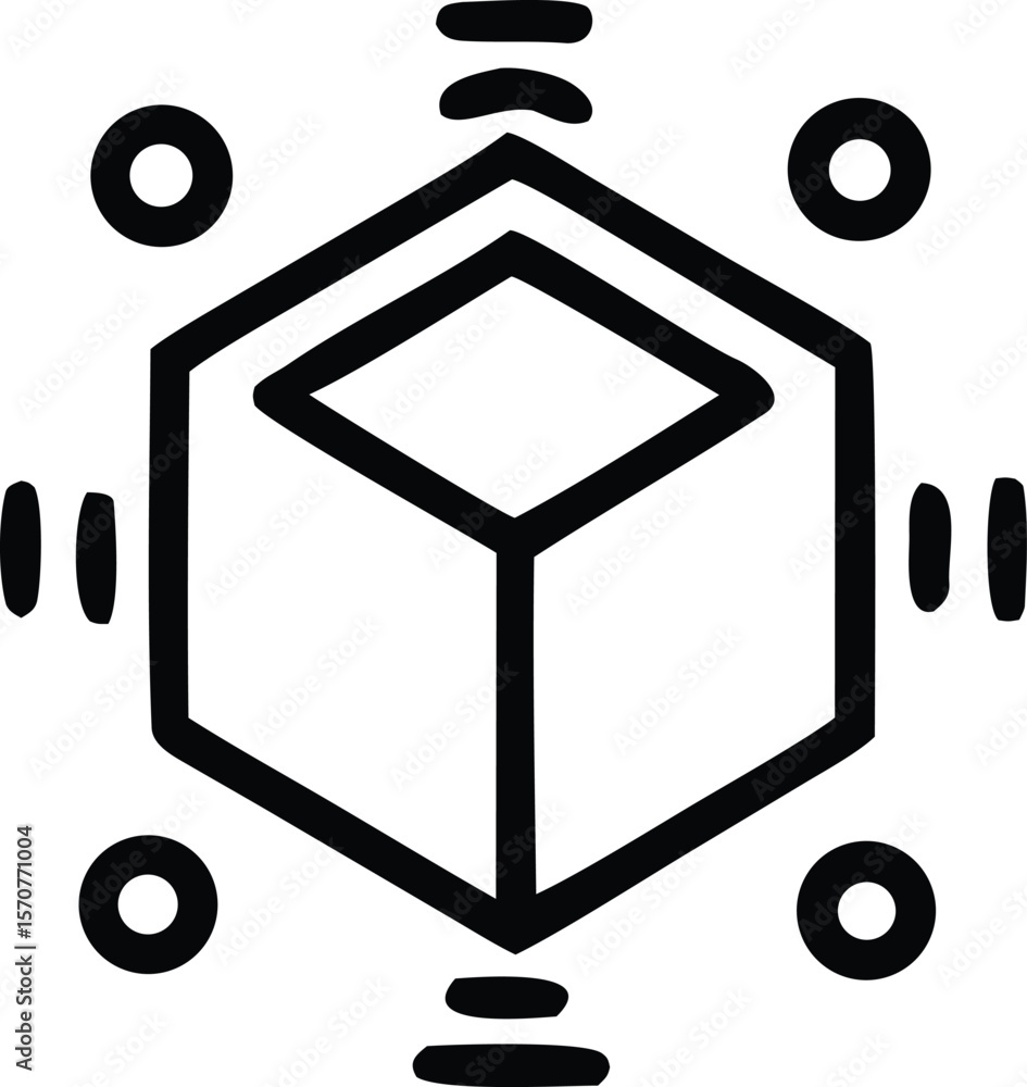 Poster abstract geometric symbol featuring a central cube like shape with surrounding circular and linear e
