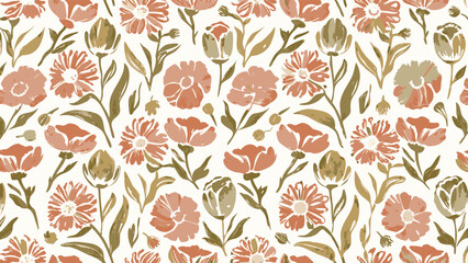 Seamless floral pattern with peach and olive green flowers and leaves on a white background design element