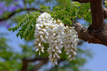 White wisteria flowers hang from a dark tree branch surrounded by green leaves against a blurred natural background