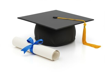 Classic graduation cap and diploma with blue ribbon on reflective surface