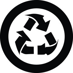 A stark black and white graphic of the universal recycling symbol enclosed within a thick circular border representing environmental sustainability and resource conservation efforts
