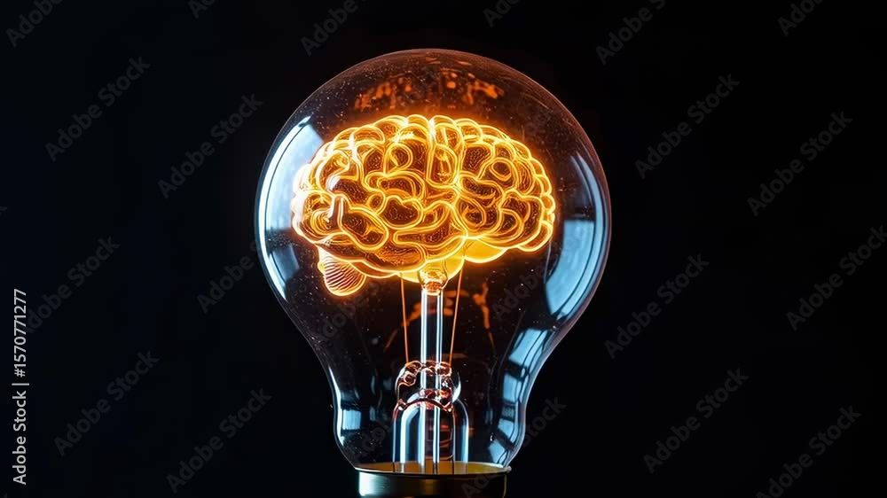 Poster a light bulb with a brain inside of it. the bulb is lit up and the brain is glowing