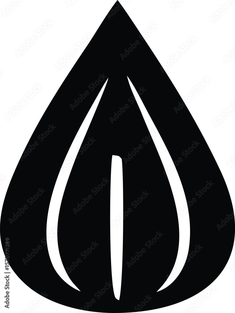 Poster abstract black and white graphic design featuring a stylized teardrop shape with three elongated whi