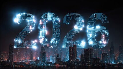 Digital numbers illuminate a futuristic skyline celebrating the arrival of 2026