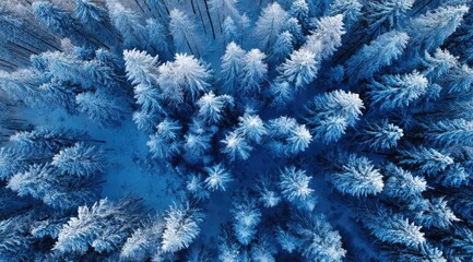 Aerial view of a snow-covered evergreen forest, showcasing a dense, symmetrical pattern of trees with frosty branches in cool blue tones