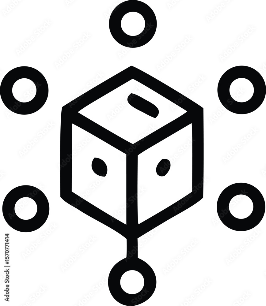 Poster abstract geometric representation of a central cube connected to surrounding circular nodes symboliz