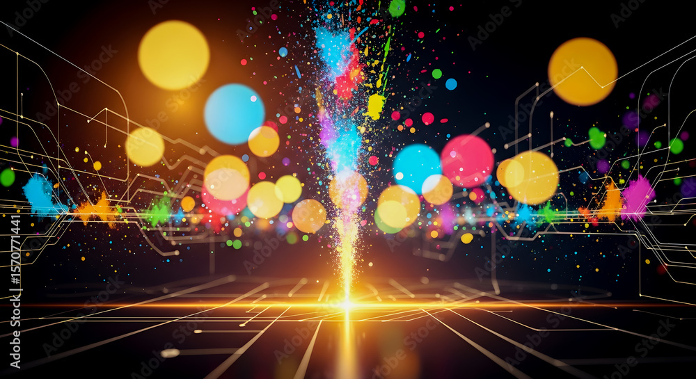 Poster striking abstract design featuring colorful lights, circuit patterns, and a burst of energy for mode