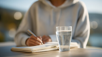 A person tracking fitness goals and hydration by a planner