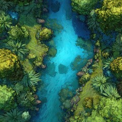 Obraz premium Aerial view of a vibrant blue river meandering through a lush, green forest with varied foliage and rocky banks