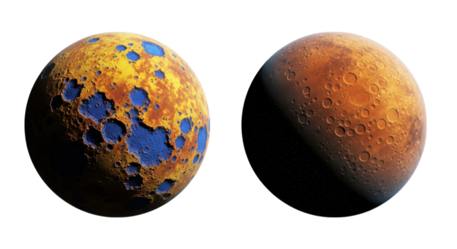Two alien planets with craters and varied colors isolated on a transparent background