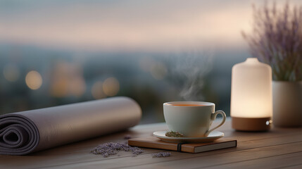 Peaceful morning scene with yoga mat, journal, and herbal tea
