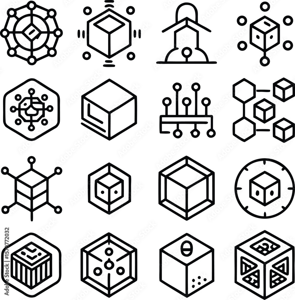 Poster collection of abstract geometric icons representing technology data and networks with a focus on cub