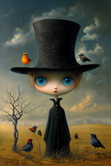 Conceptual fantasy artwork of melancholic character with cartoonish proportions in a mysterious landscape.