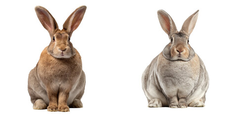 Fototapeta premium Two rabbits sitting side by side against a black background, one brown and one gray rabbit