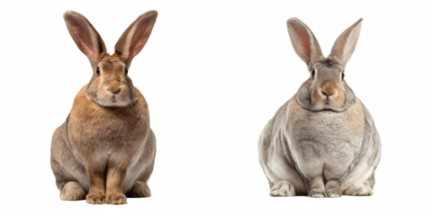 Two rabbits sitting side by side against a black background, one brown and one gray rabbit