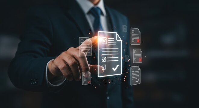 Photo of a businessman uses a holographic interface to review and approve digital documents