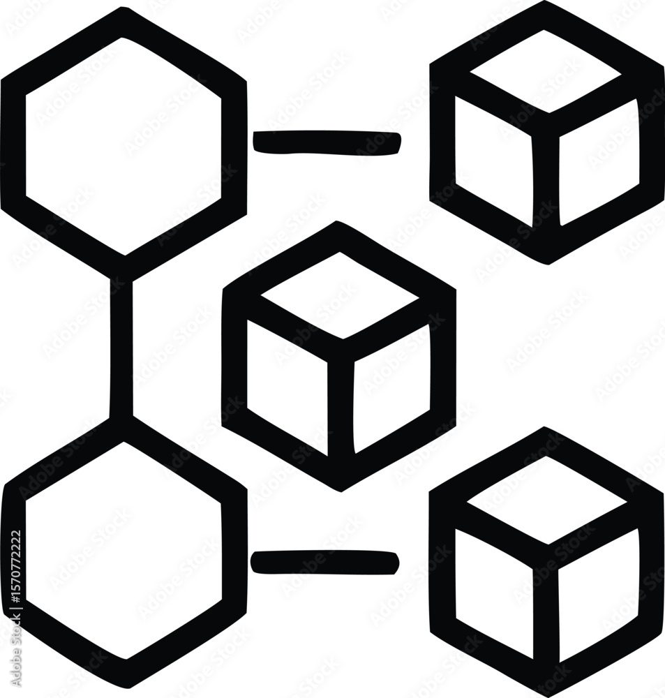 Poster abstract geometric network diagram featuring interconnected hexagons and cubes representing data flo