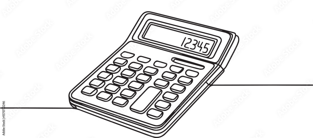 Poster continuous one line drawing of a calculator as an accounting tool in minimal single line art editabl