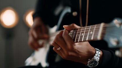 Fototapeta premium Musician plays guitar passionately during an evening jam session in a cozy studio setting