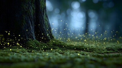 Realistic glowing fireflies gently flying around enchanted oak tree misty forest clearing twilight soft magical glow rich green moss and dreamy light rays cinematic woodland scene custom background