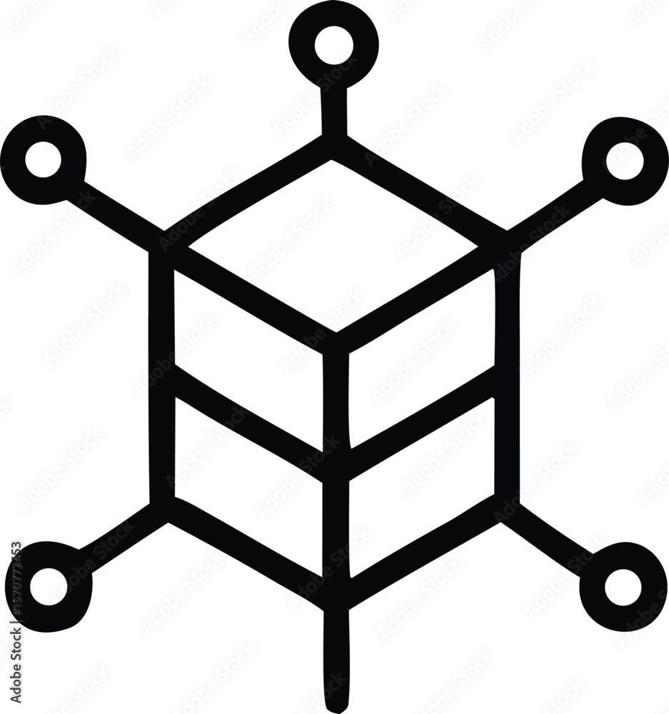 Poster abstract geometric network connection icon representing a central cube with radiating lines and circ