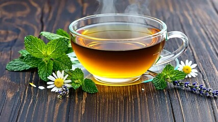 A steaming cup of herbal tea surrounded by fresh mint and daisies on a rustic wooden table - Powered by Adobe
