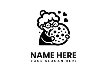 Cartoon grandma hugging a pizza with hearts, a logo design concept.