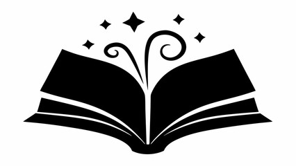 Open book with swirls and stars in black and white simple design illustration graphic vector clip art
