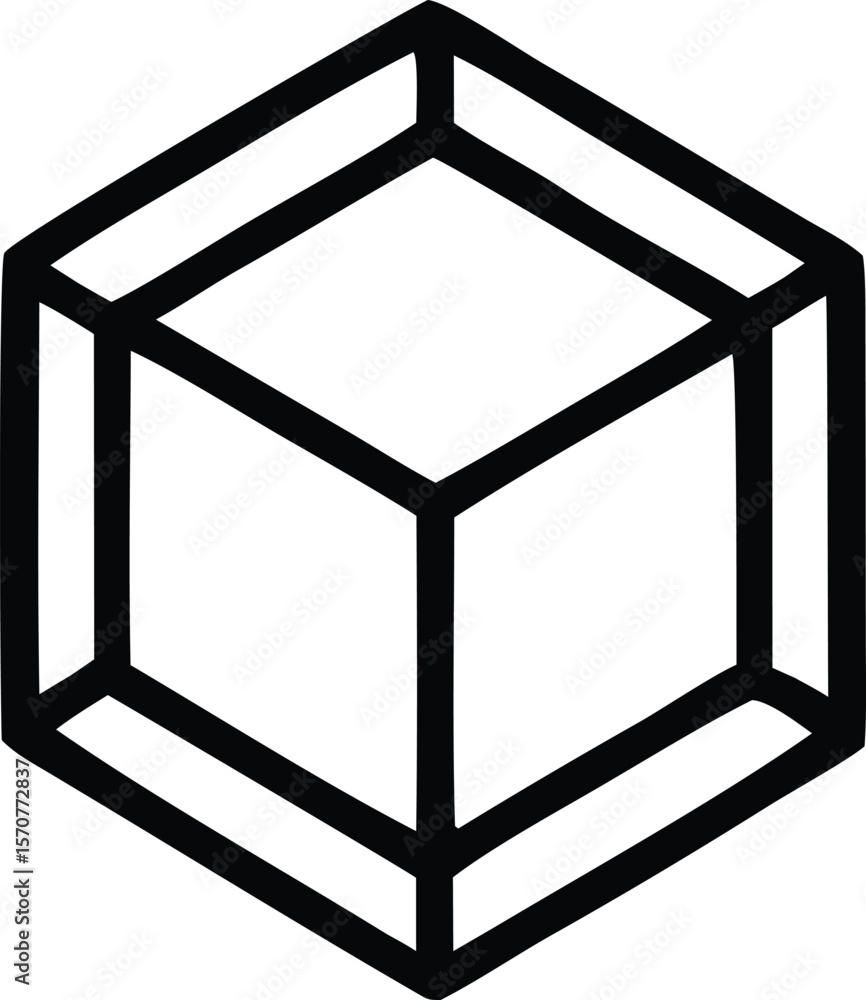 Poster minimalist black outline of a 3d cube or box viewed from a slightly elevated angle with clean geomet
