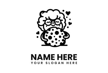 A smiling cartoon character holding a large, dotted chocolate-chip cookie, with hearts.