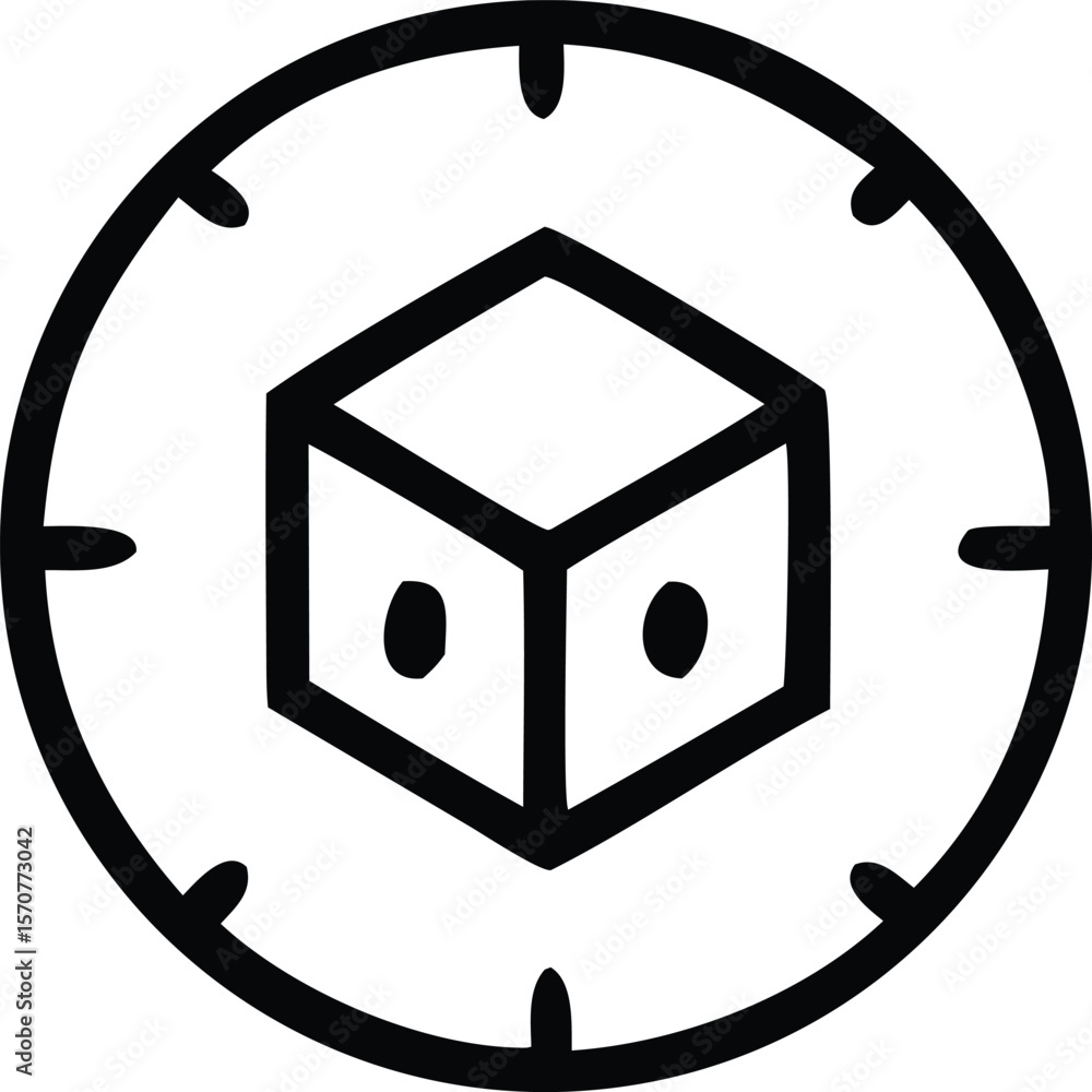 Poster Stylized black and white icon featuring a simple die with two visible faces enclosed within a circular target like frame