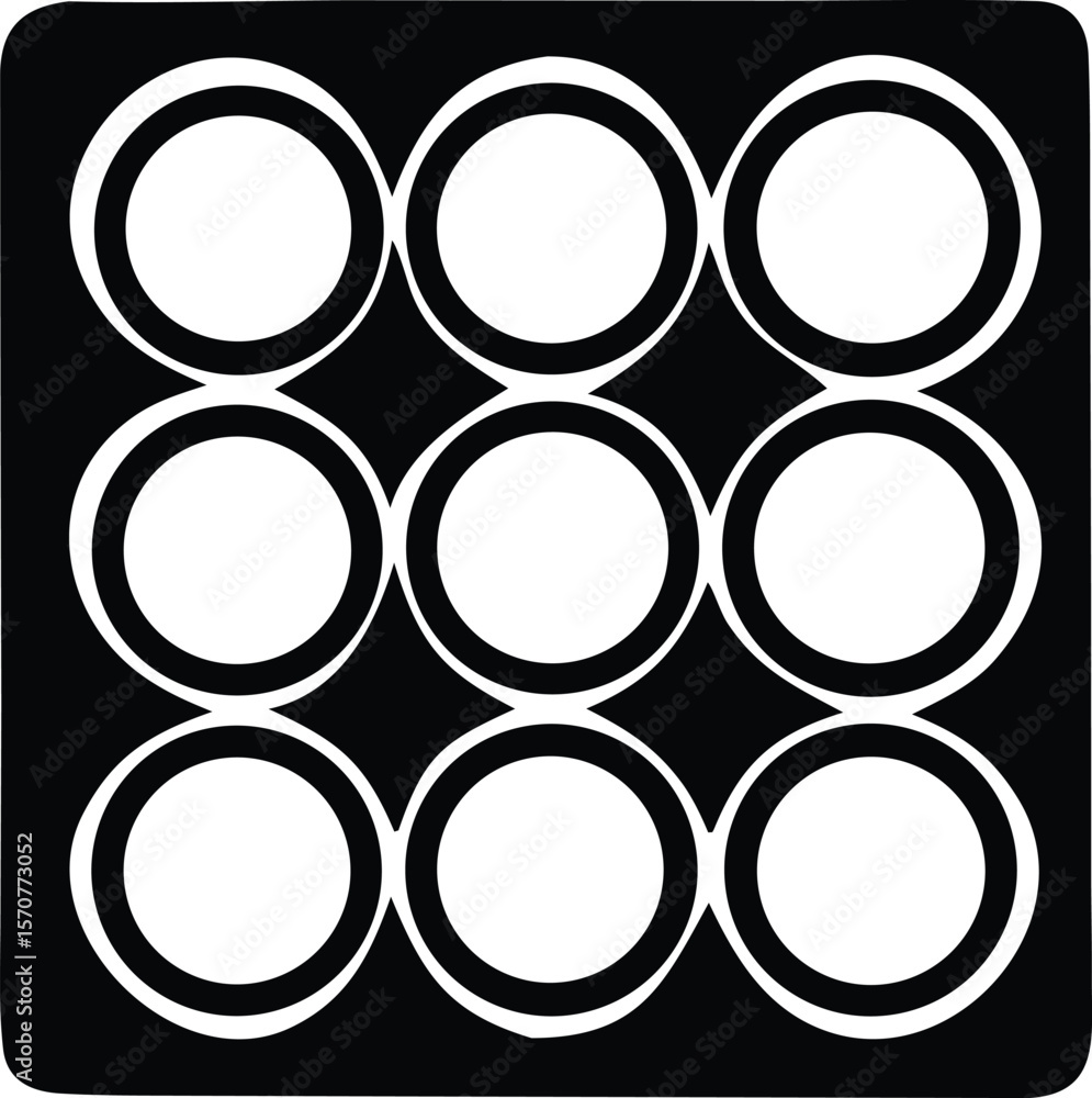 Poster abstract geometric pattern featuring a grid of nine concentric circles with bold black outlines on a