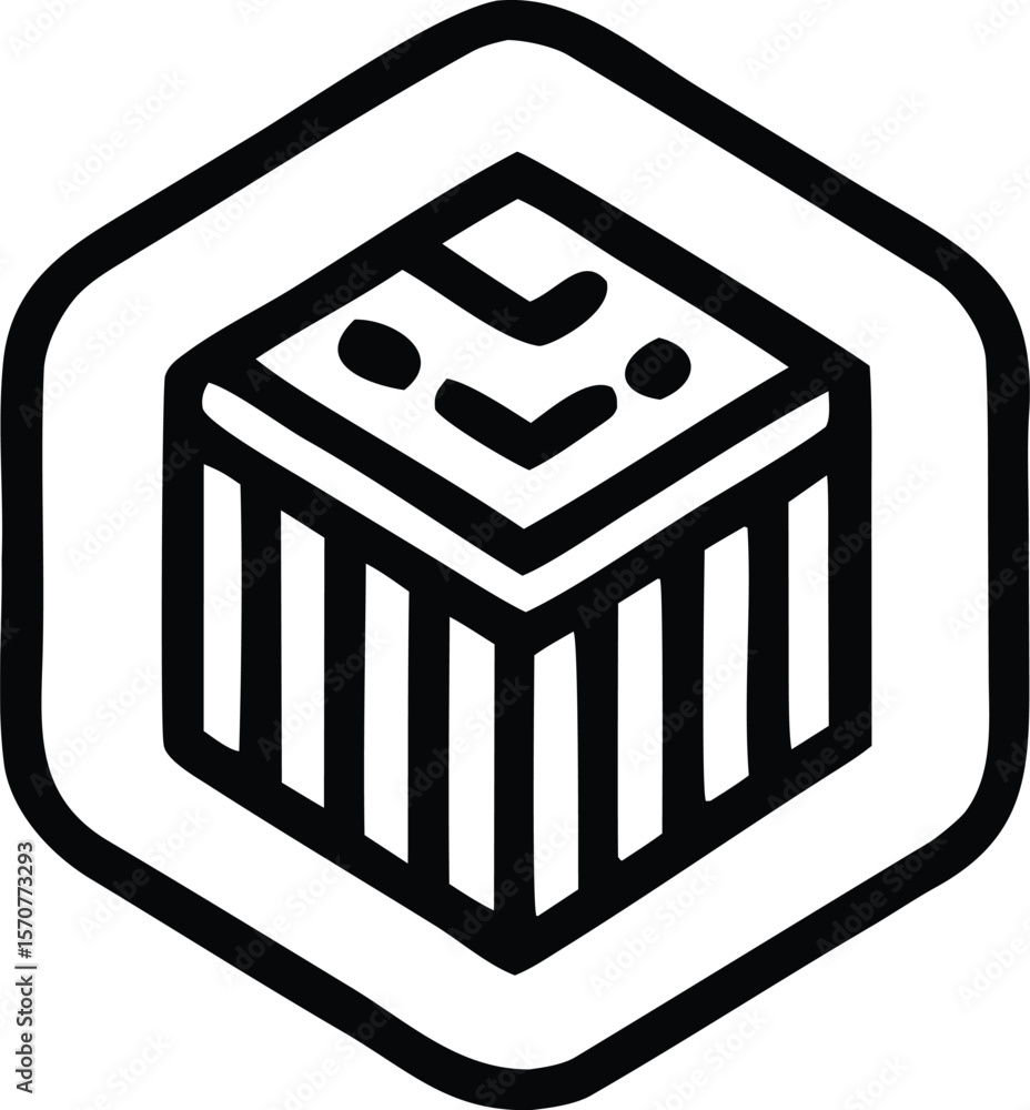 Poster stylized geometric cube icon with a chevron and dots inside a hexagonal outline on a white backgroun