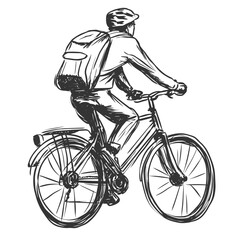 Obraz premium Man riding bicycle with backpack in urban sketch style 
